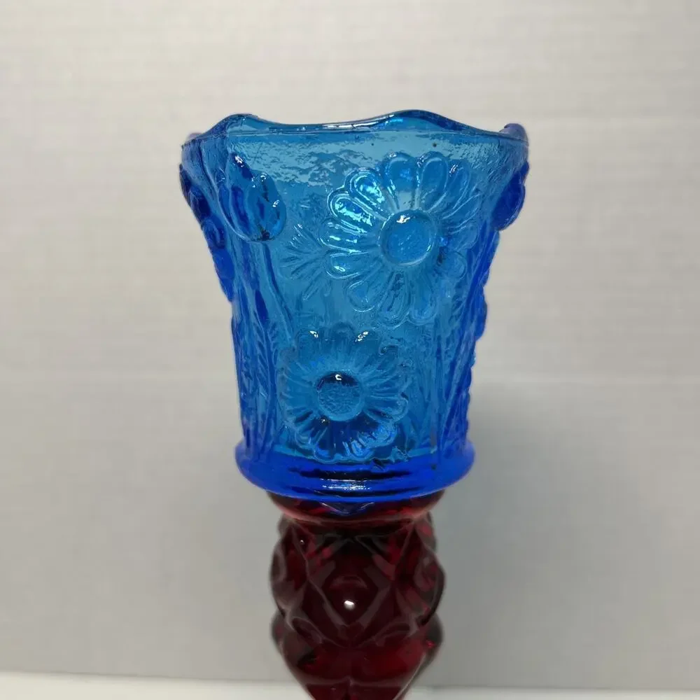 MCM Blue Glass Pegged Cup Votive Sconce Candle Holder Floral Daisy Tulip